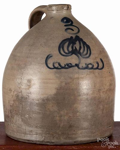 Three-gallon stoneware jug, 19th c., with cobalt floral decoration, 13'' h.