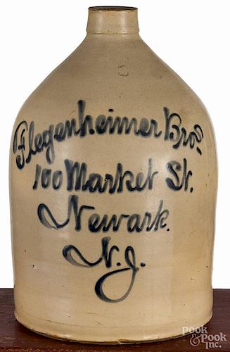 New Jersey three-gallon stoneware script jug, 19th c., with cobalt inscribed Flegenheimer Bros.