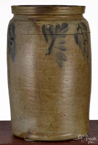 Two-gallon stoneware jar, 19th c., with cobalt floral sprays, 13'' h.