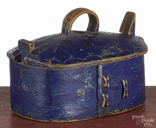 Scandinavian painted bentwood box, 19th c., retaining an old blue surface, initialed HWD, 5 1/2'' h.
