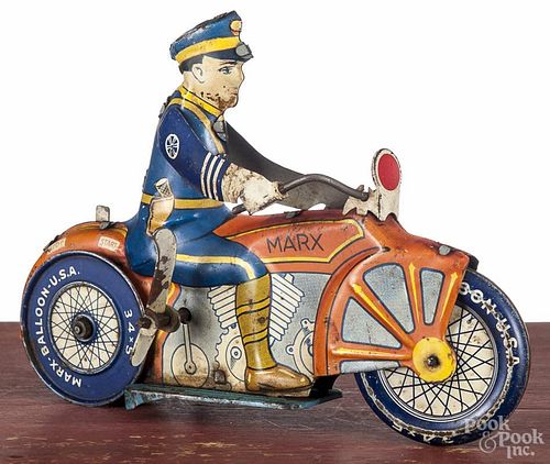 Marx tin litho wind-up policeman motorcycle, 8 1/2'' l.