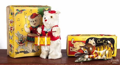 Two Japanese tin litho toys, with original boxes, to include Cat and Mouse, 5 1/2'' l.