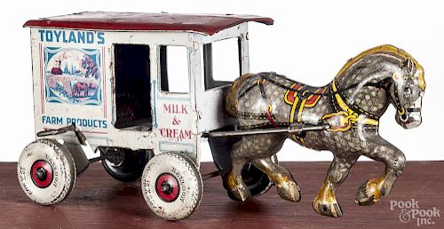 Marx tin wind-up Toylands Milk and Cream horsedrawn wagon, 10'' l.