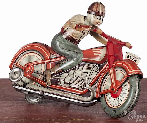 Technofix tin litho wind-up motorcycle and rider, 7'' l.