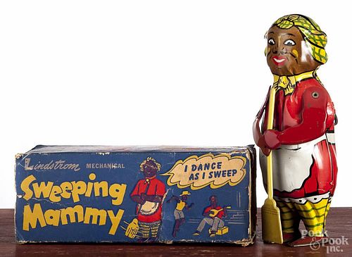 Lindstrom tin litho wind-up Sweeping Mammy, with original box, 7 3/4'' h.