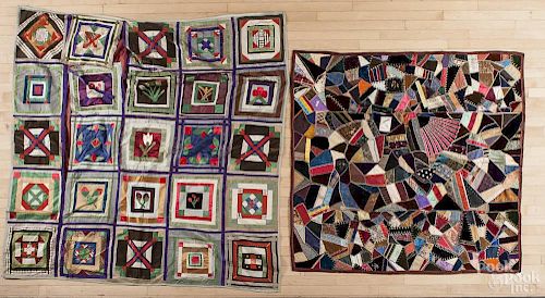 Two silk and velvet crazy quilts, one dated 1883, 60'' x 58'', the other with repeating blocks