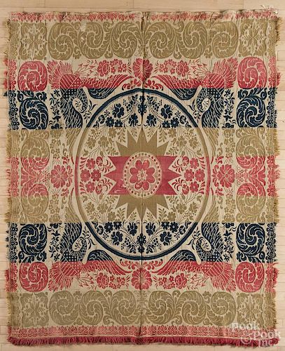 Two coverlets, one red and white overshot coverlet, dated 1858, with peacock corners, 92'' x 84''