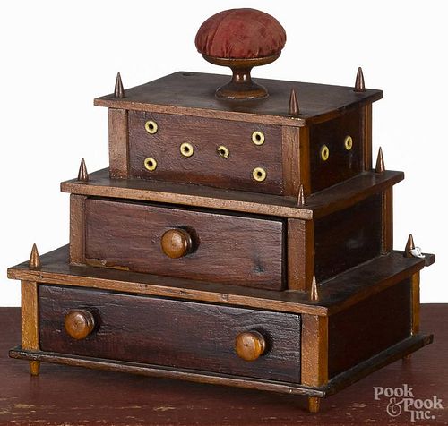 Mahogany tiered sewing box, 19th c., 9'' h., 9'' w.