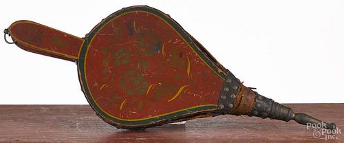 Red painted bellows, 19th c., with stenciled fruit decoration, 17 3/4'' l.