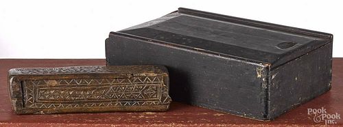 Painted pine slide lid box, 19th c., with a compartmentalized interior, 3'' h., 10 1/4'' w., 6 1/2'' d.