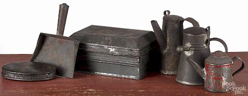 Six pieces of tin, 19th c., to include a tinder box with steel and flint, a punch decorated box