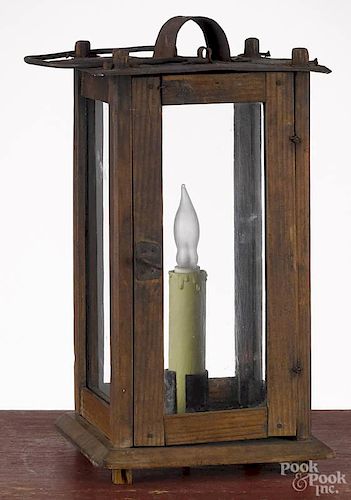 Primitive pine carry lantern, 19th c., with an iron lid, 11 1/2'' h.