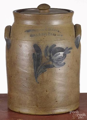 Pennsylvania stoneware lidded crock, 19th c., impressed Cowden & Wilcox Harrisburg Pennsylvania