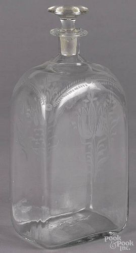 Etched glass decanter, 19th c., with tulip decoration, 10'' h.