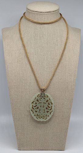 JEWELRY. Celadon Jade Carving and 14kt Gold Chain.