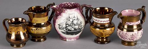 Four copper lustre creamers, 19th c., together with a Gray's pottery creamer