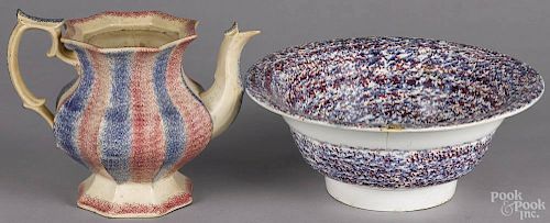Red and blue sponge basin, 19th c., 4 3/4'' h., 12'' w., together with a rainbow spatter teapot