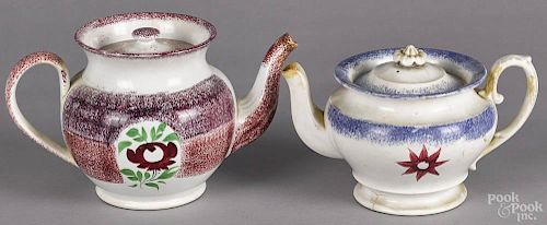 Red and purple spatter teapot, 19th c., with Adams rose, 5 1/4'' h., together with a blue teapot