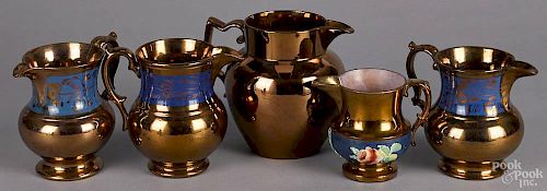 Five copper lustre pitchers, 19th c., tallest - 6 1/4''.