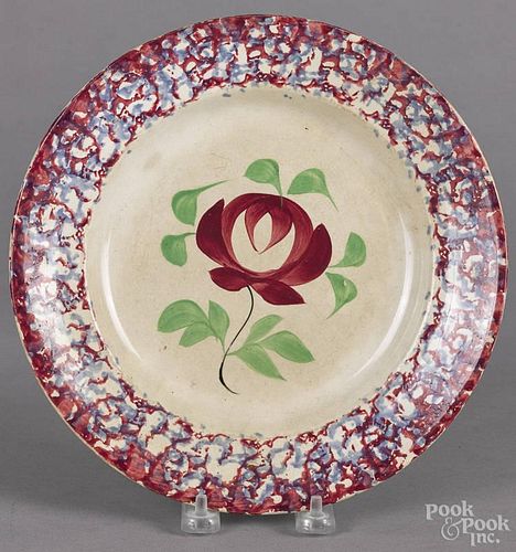 Red and blue sponge plate, 19th c., with Adams rose, 9 3/4'' dia.