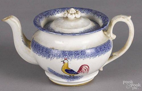 Blue spatter teapot, 19th c., with a rooster, 5'' h.