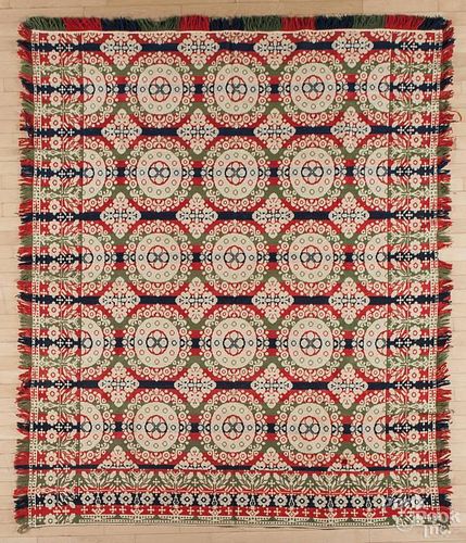 Jacquard coverlet, mid 19th c., in four colors, 76'' x 94''.