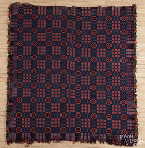 Overshot blue and red coverlet, mid 19th c., 73'' x 84''.