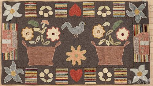 York County, Pennsylvania contemporary hooked rug, by Eredene Unger, with a house and flowers