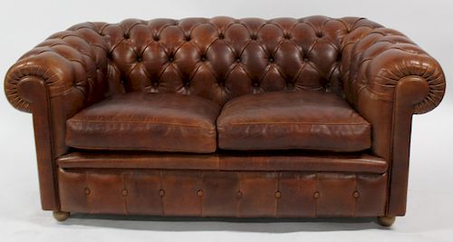 Fine Quality Vintage Leather Chesterfield Settee.