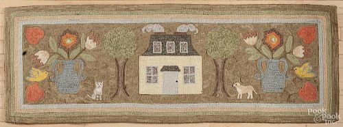 York County, Pennsylvania contemporary hooked rug, by Eredene Unger, of a house and lawn, 22'' x 62''.