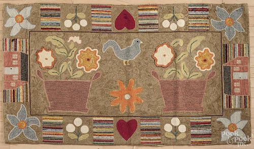 York County, Pennsylvania contemporary hooked rug, by Eredene Unger, of potted flowers and a house