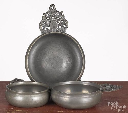 Three American pewter porringers, ca. 1900, one inscribed IC, largest - 5'' dia.