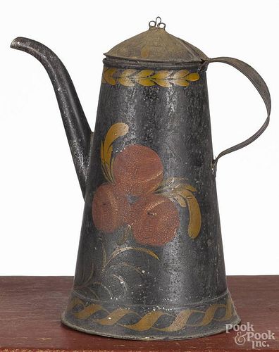 Tin toleware coffee pot, 19th c., with fruit and floral decoration, 10 1/2'' h.