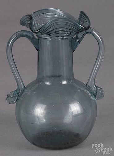 Blown aqua glass vase, 19th c., with applied handles, 6 1/4'' h.