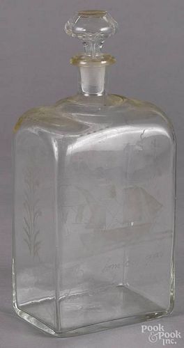 French etched glass decanter, 19th c., with a sailship and crown, 10 1/2'' h.