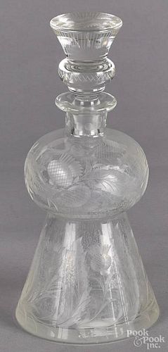 Cut glass decanter, 19th c., with nice thistle decoration, 11 1/2'' h.