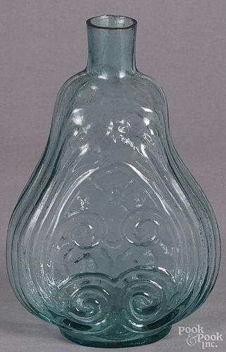 Violin scroll blown aqua glass flask, 19th c., 8 1/2'' h.