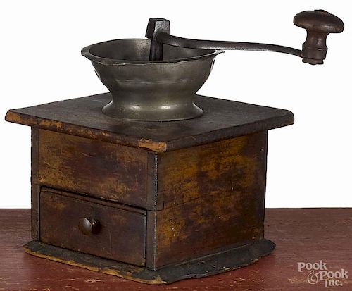 Walnut coffee mill, 19th c., with a pewter bowl, 8 1/2'' h.
