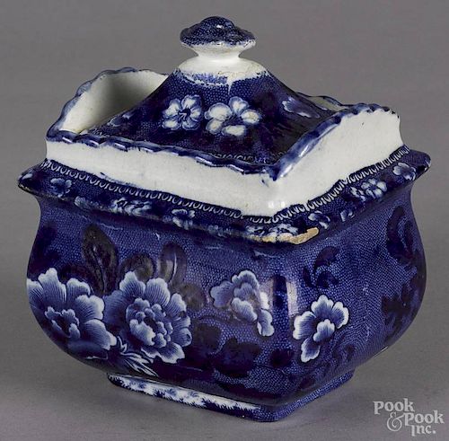 Staffordshire blue transfer sugar bowl, 19th c., with a floral basket, 5 3/4'' h.