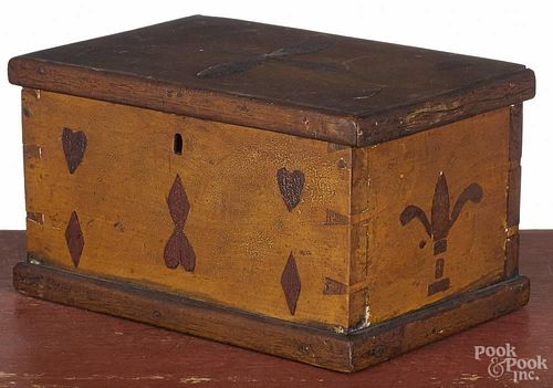 Inlaid cherry dresser box, 19th c., with hearts and diamonds, 5'' h., 8 1/2'' w.