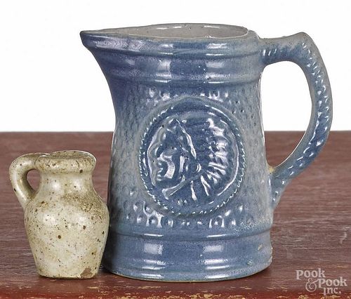 Miniature blue and white pitcher, ca. 1900, with a Native American Indian portrait bust in relief