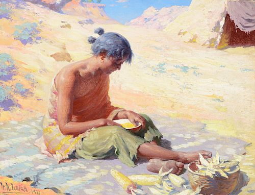 William R. Leigh (1866–1955): Navajo Girl Preparing Corn (1911)