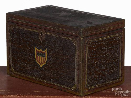 Painted walnut dresser box, 19th c., with a patriotic shield on front and a star on the lid