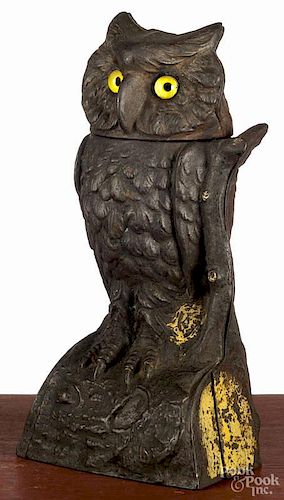 J. & E. Stevens cast iron owl turns head mechanical bank, late 19th c., 7 1/2'' h.
