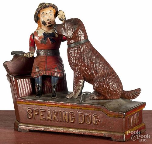 Shepard Hardware cast iron Speaking Dog mechanical bank, late 19th c., 7 1/4'' h.