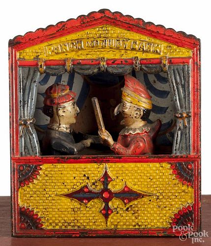 Shepard Hardware cast iron Punch and Judy mechanical bank, late 19th c., 7 1/2'' h.
