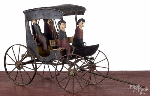 Painted tin horse carriage, 19th c., with painted wooden riders, 7 1/2'' l.