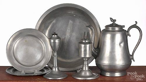 Six pieces of pewter, 18th/19th c., to include a Danforth-Boardman coffee pot, 10'' h.