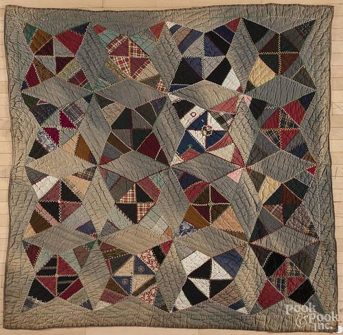 Patchwork pinwheel variant comforter, ca. 1900, 66'' x 69''.