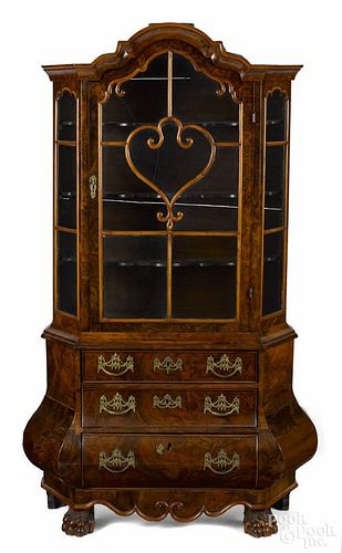 Diminutive Dutch burl veneer china cabinet, 19th c., with an arched and stepped cornice